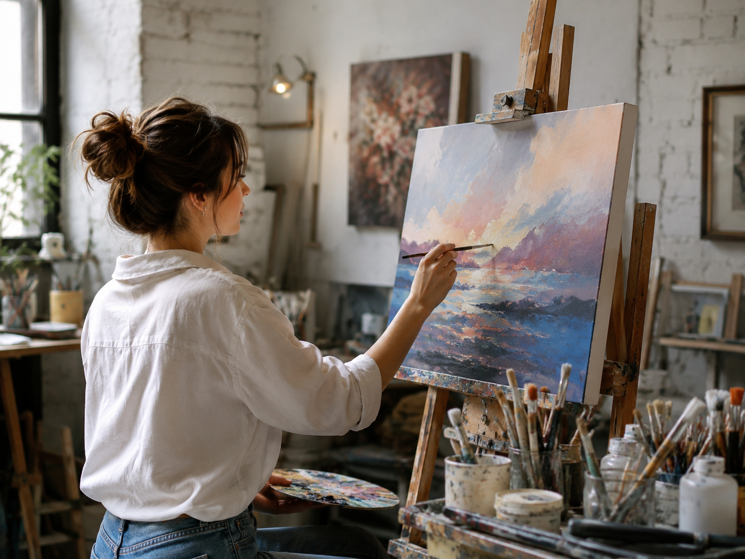 Artist painting on stretched canvas in studio environment