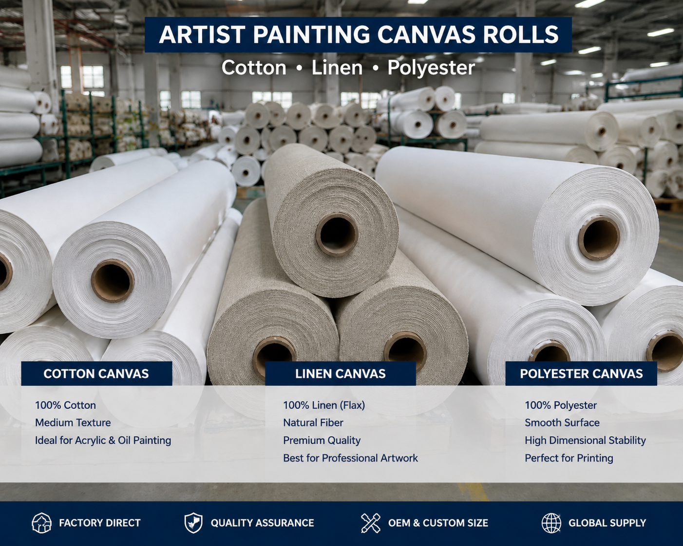 Cotton linen and polyester canvas rolls in factory warehouse