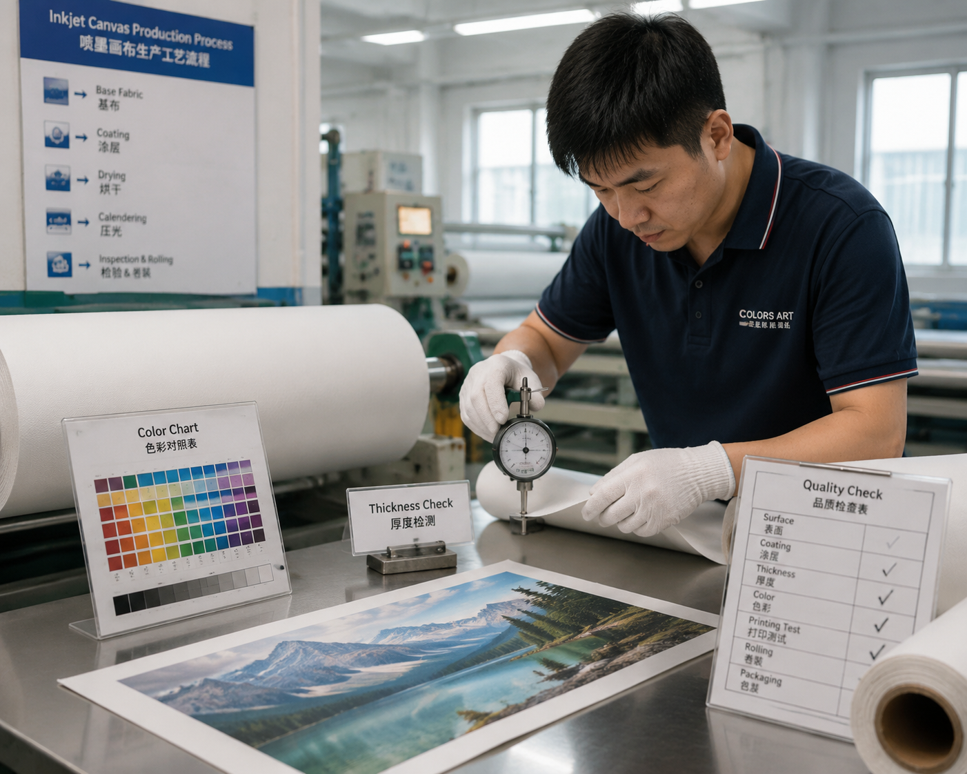 Inkjet canvas quality control testing with color chart and measuring tools