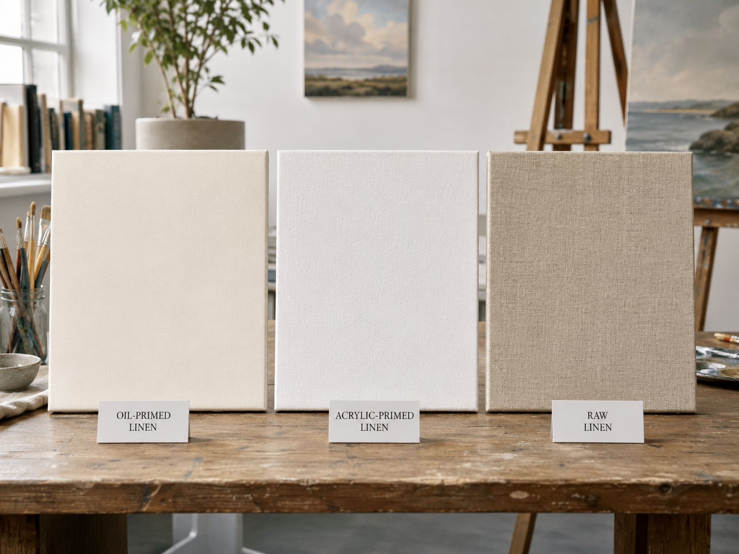 Oil primed acrylic primed and raw artist linen canvas surface comparison