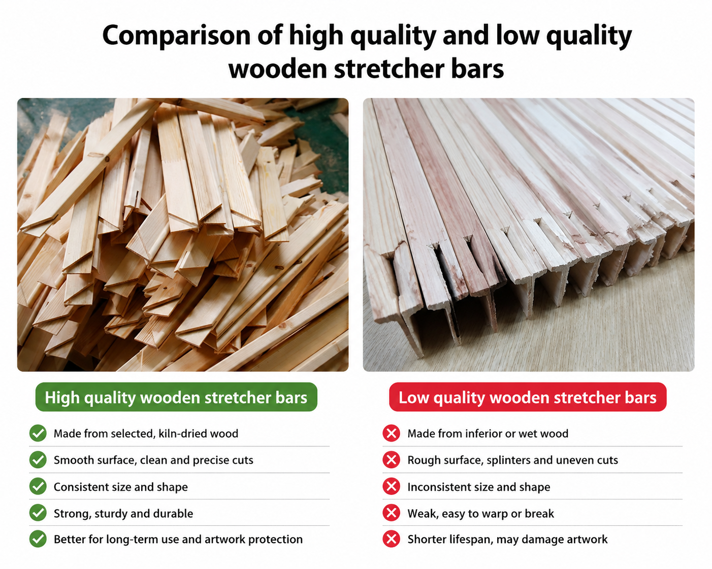 Comparison of high quality and low quality wooden stretcher bars