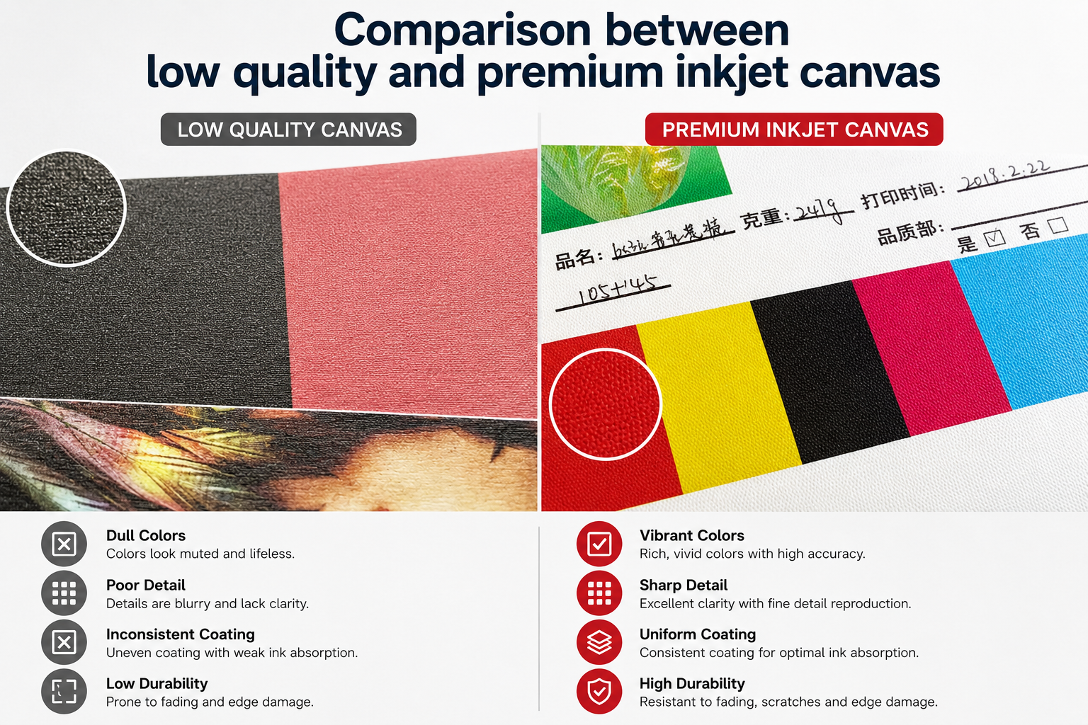 Comparison between low quality and premium inkjet canvas