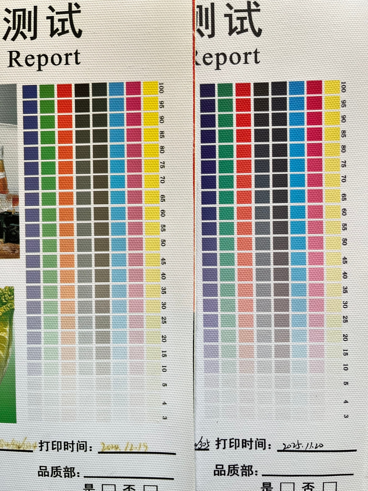 Printable canvas color gradient and ink response test comparison