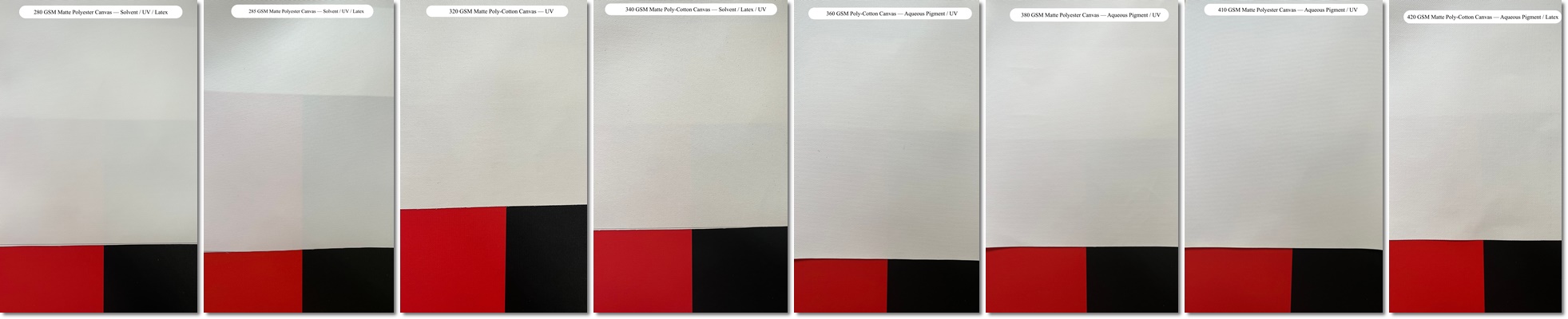 280 to 420 GSM printable canvas opacity comparison over red white and black backgrounds