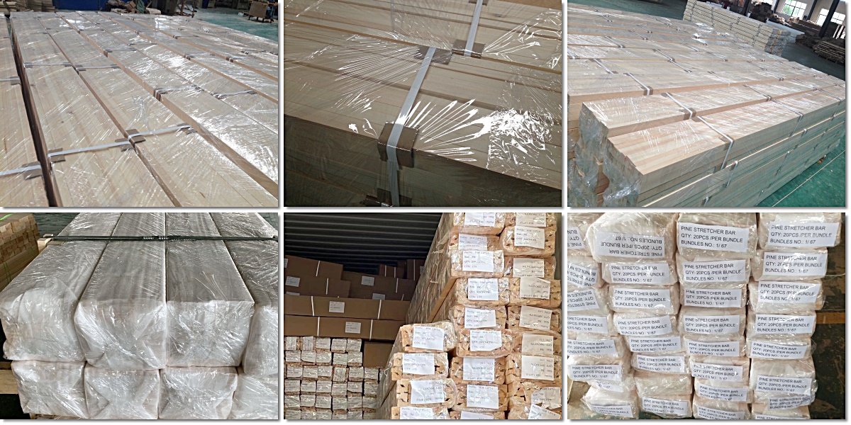 Pine canvas stretcher bars bundled and packed for export